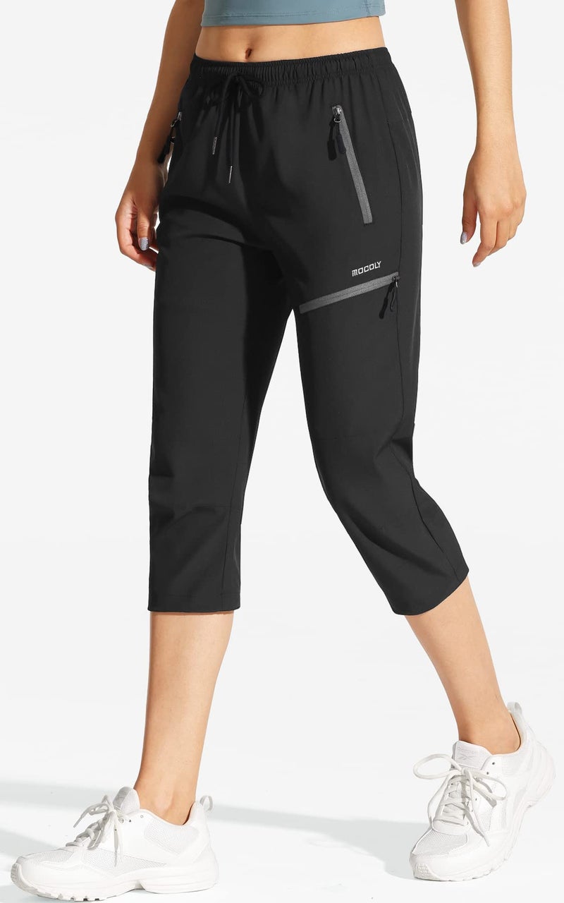 MOCOLY Women's Hiking Capris Pants Outdoor Lightweight Quick Dry Water Resistant UPF 50 Cargo Pants with Zipper Pockets Black M - Image 2